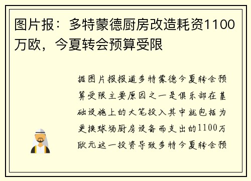 图片报：多特蒙德厨房改造耗资1100万欧，今夏转会预算受限